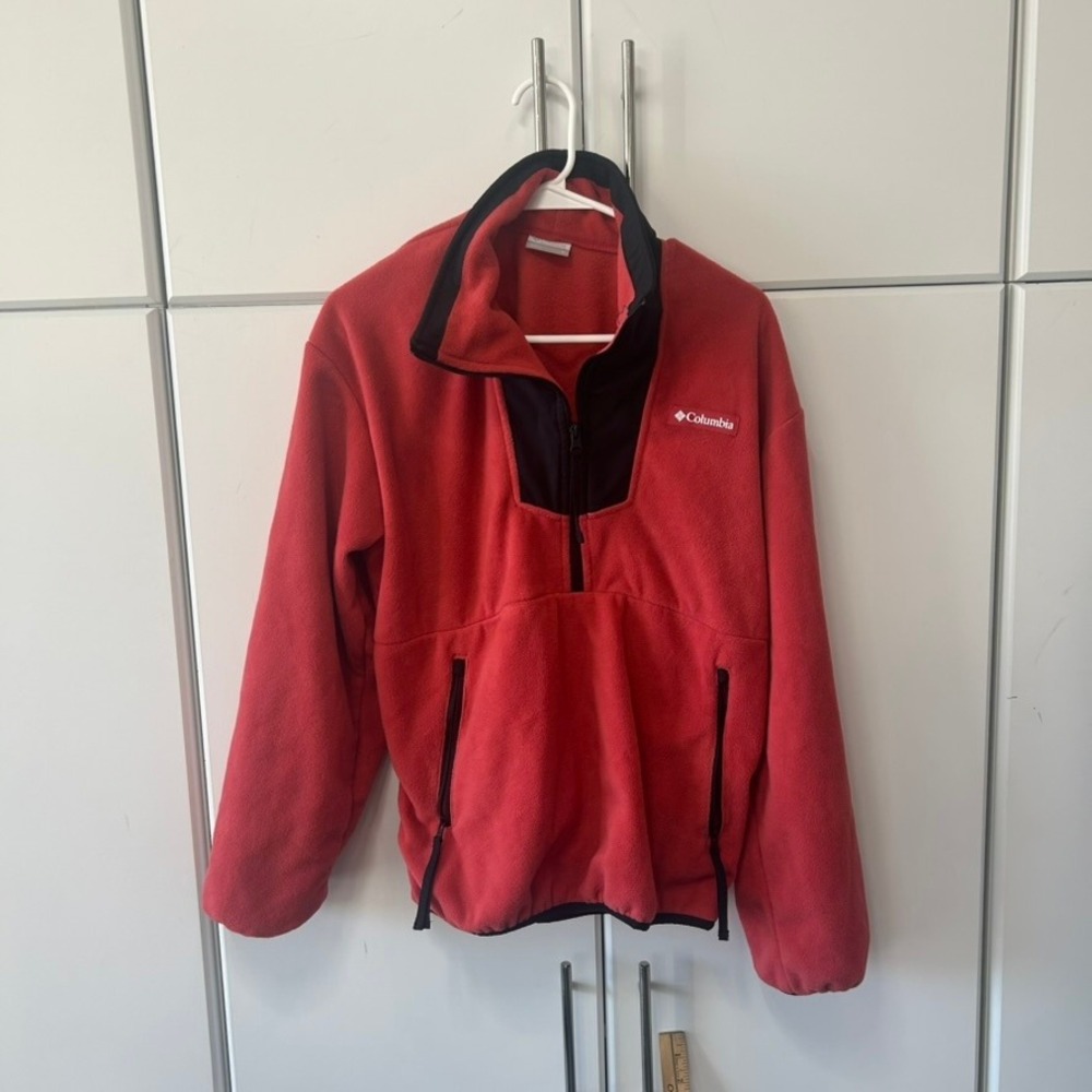 Columbia‎ Mens Red Fleece Quarter Zip Pullover Jacket Medium Black Trim Pocket